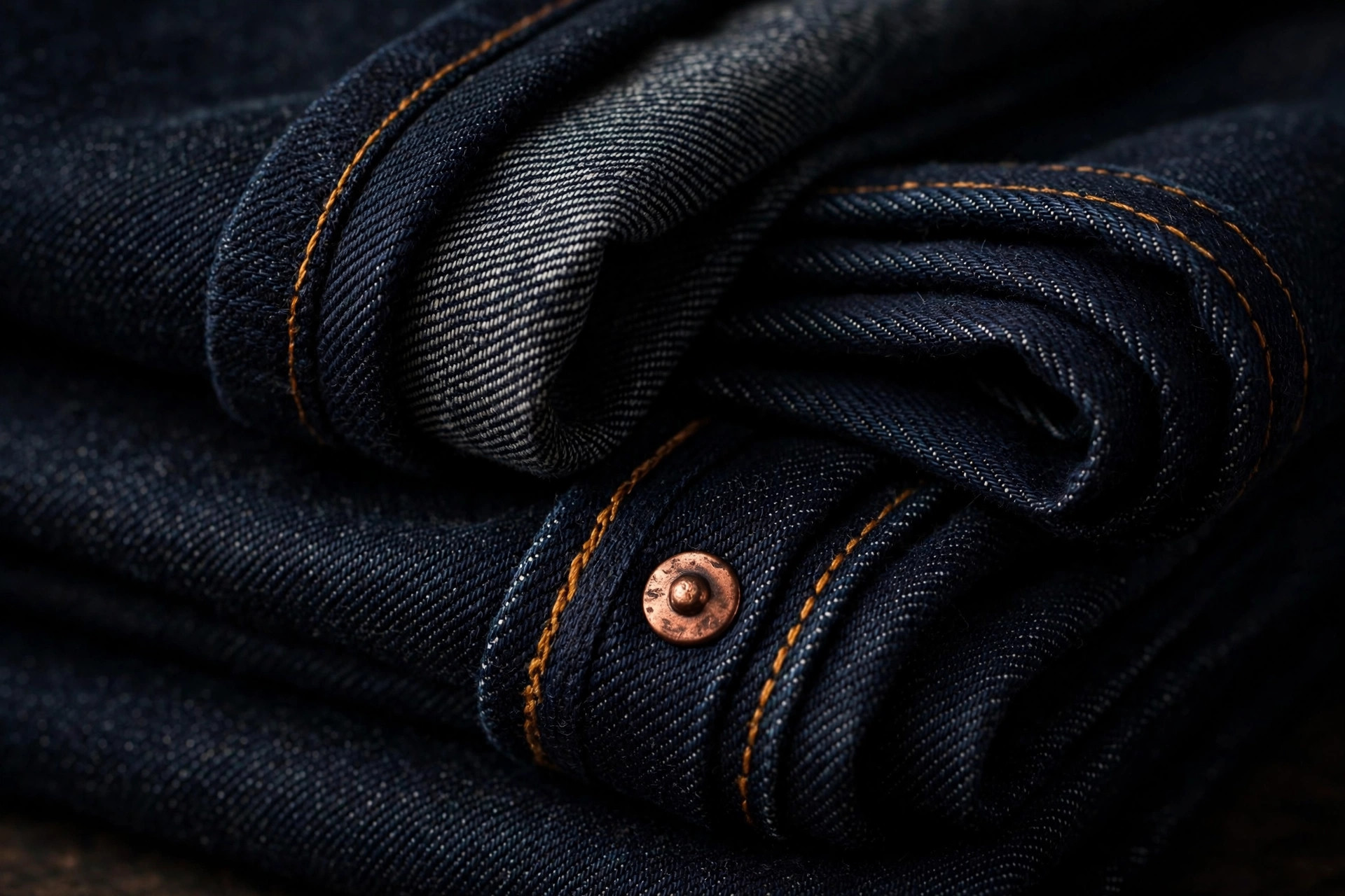 Close-up of dark raw selvedge denim with orange-gold stitching and a copper rivet