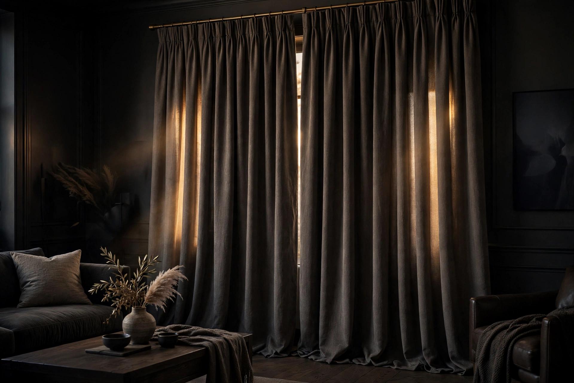 IndigoCraft blackout curtains in deep taupe in a dark luxurious living room