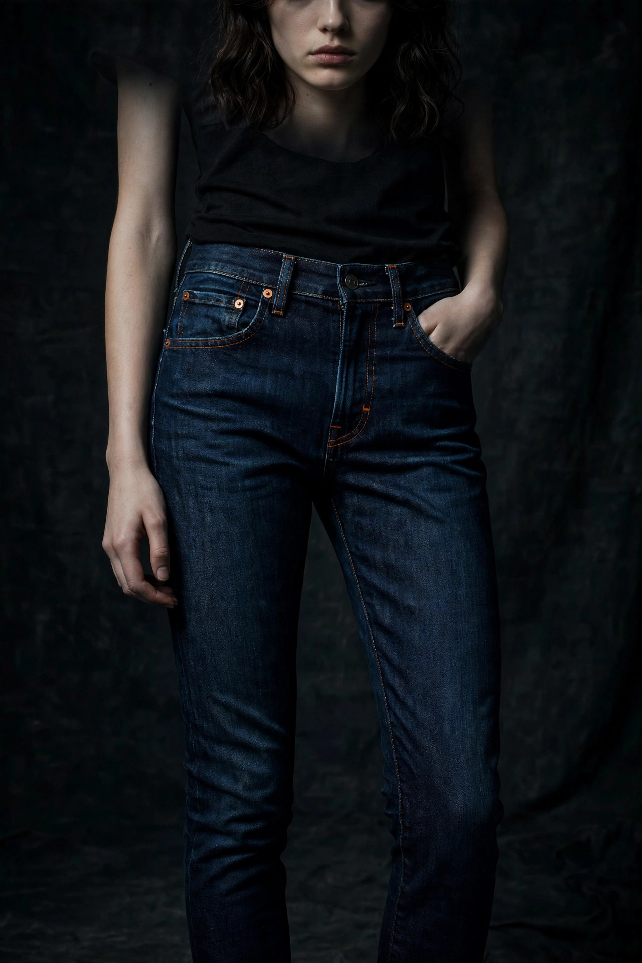 Model wearing IndigoCraft raw denim slim straight jeans