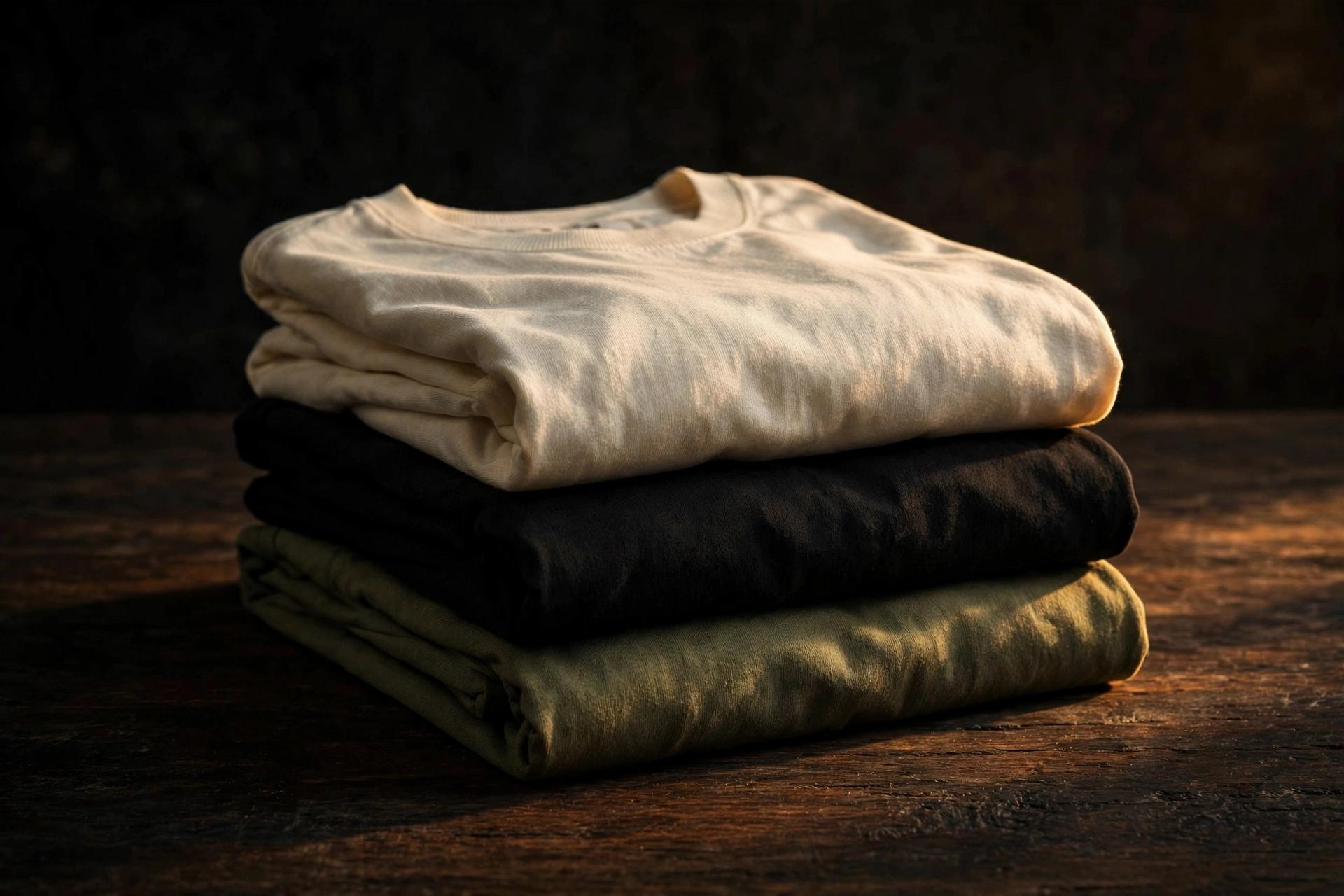 Folded stack of IndigoCraft essential crew-neck t-shirts in cream, black and olive
