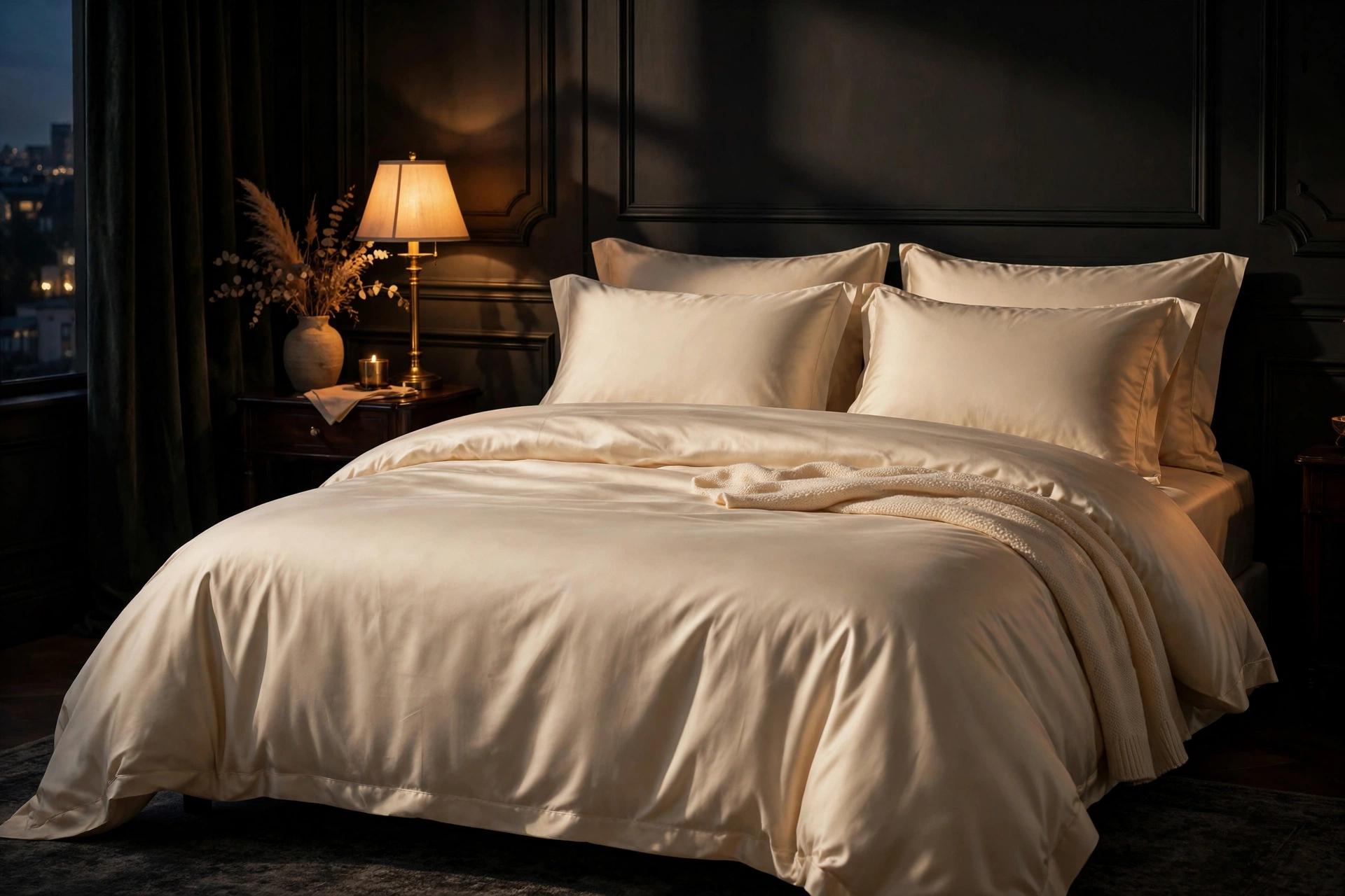 IndigoCraft luxury sateen bed set in ivory on a bed in a dark elegant bedroom