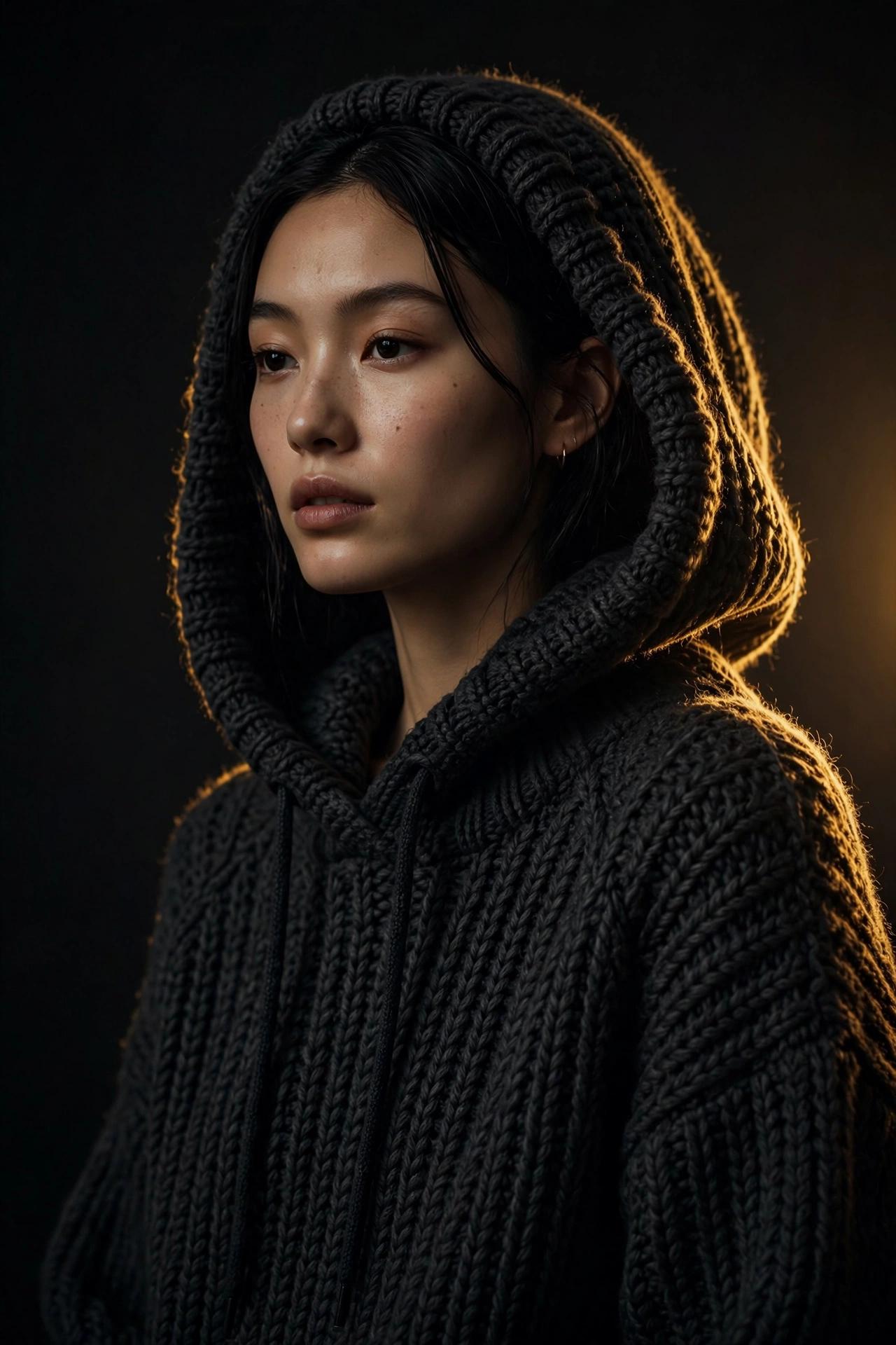 Model wearing the IndigoCraft premium knit hoodie in charcoal