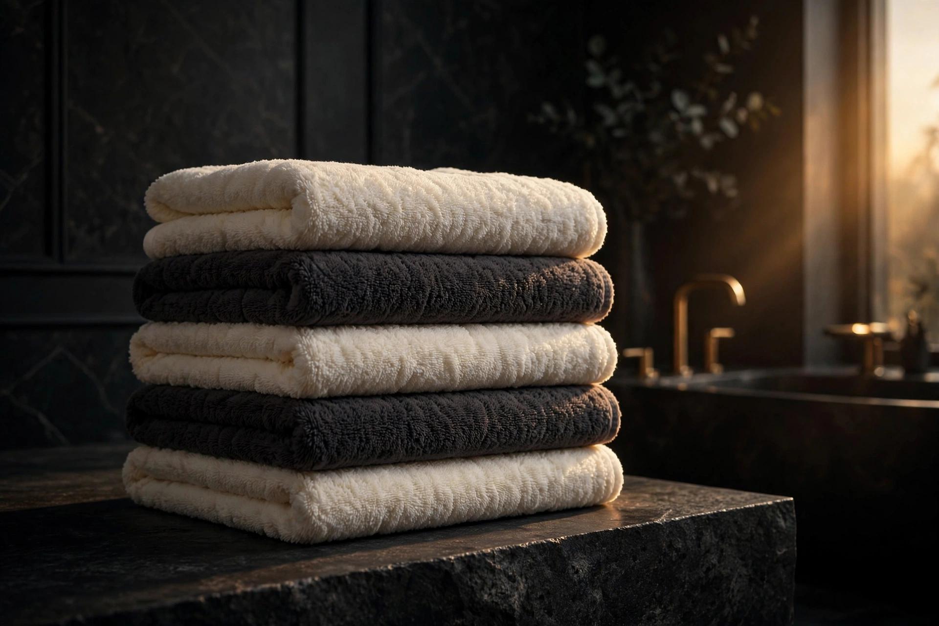 Stack of IndigoCraft premium terry towels in cream and charcoal in a dark bathroom