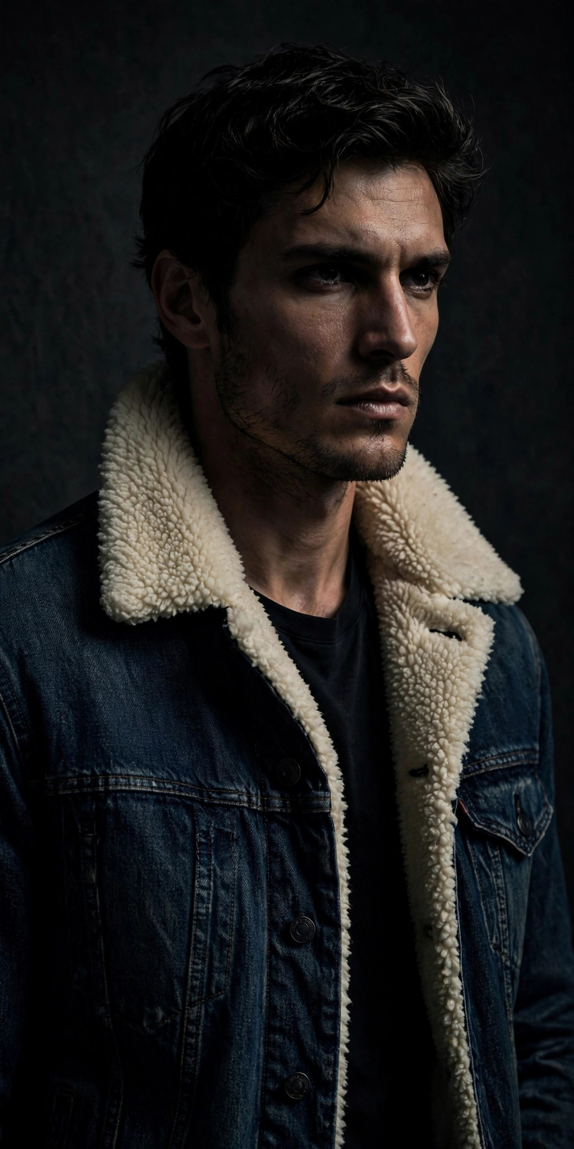 Model wearing the IndigoCraft shearling-lined denim jacket