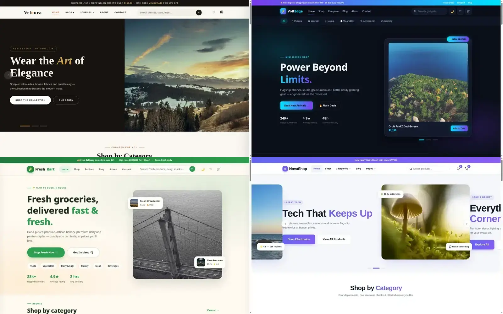 Complete template bundle — Veloura, VoltEdge, FreshKart and NovaShop homepages in a grid