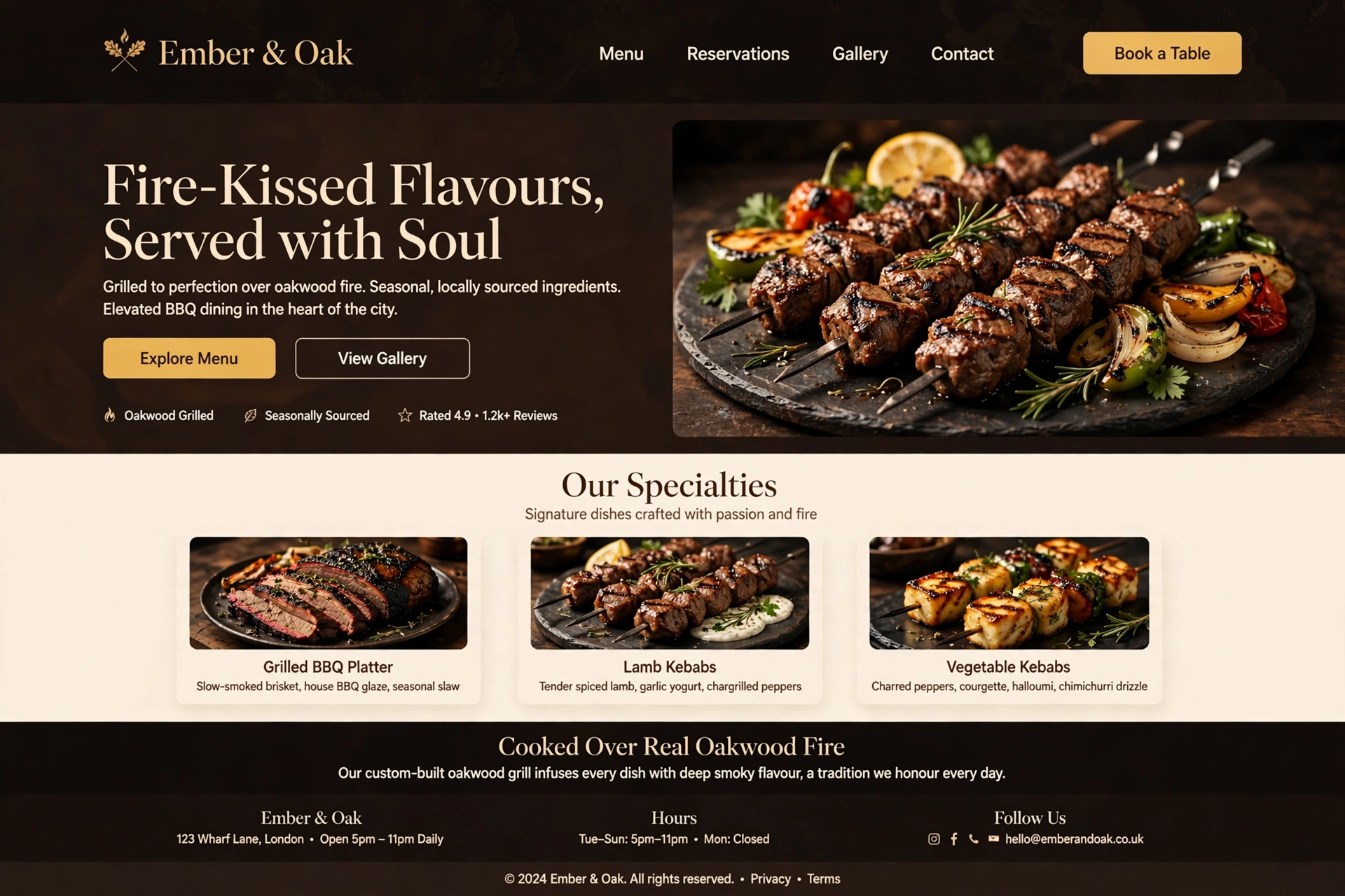 Ember and Oak restaurant website design sample — dark theme with grilled food hero