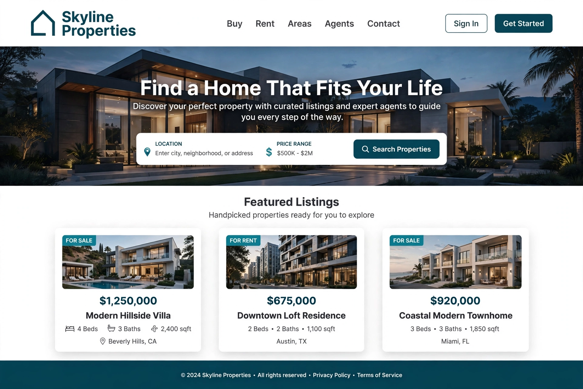 Skyline Properties real estate website design sample — property search and featured listings