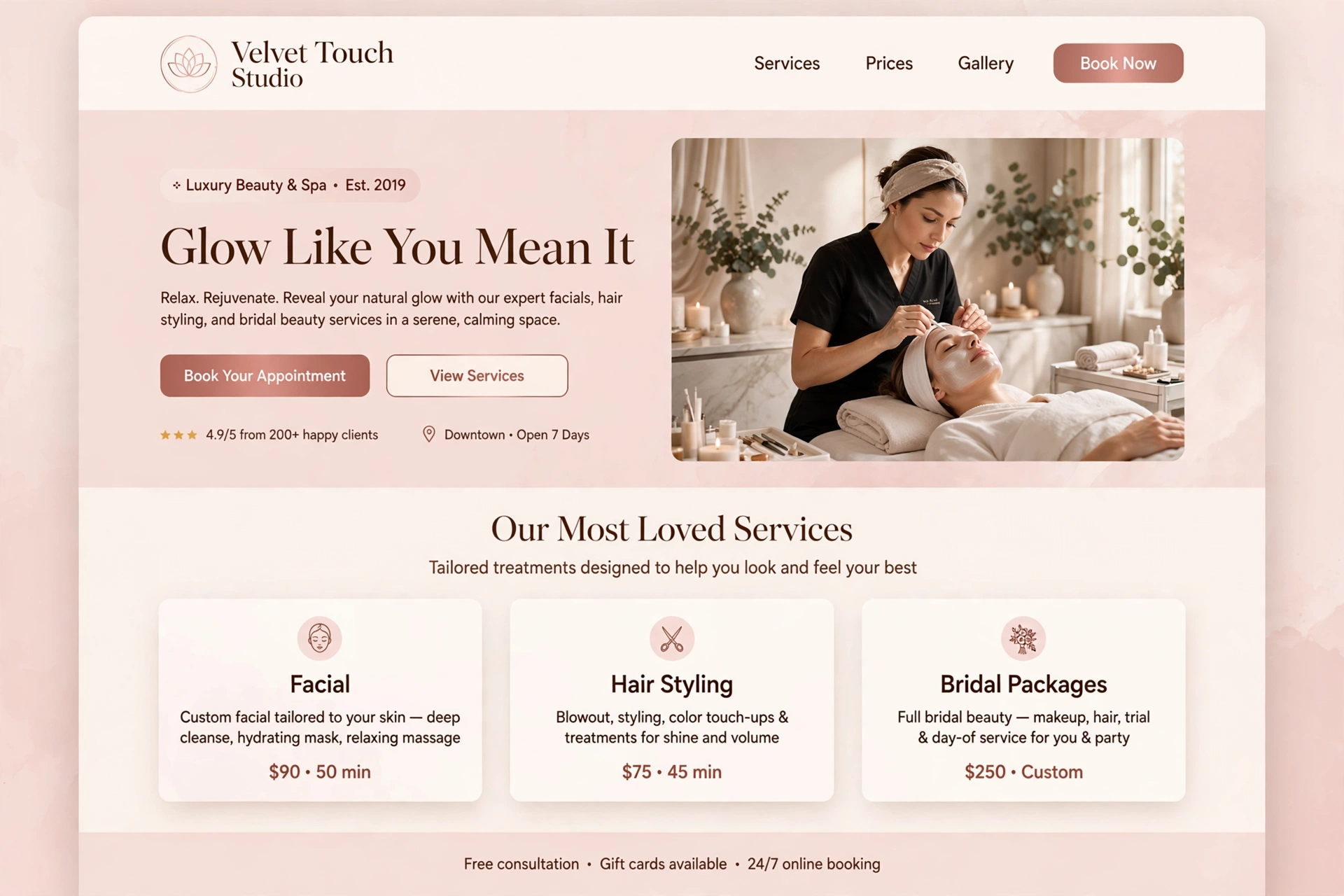 Velvet Touch Studio beauty salon website design sample — soft pink spa theme with services and prices