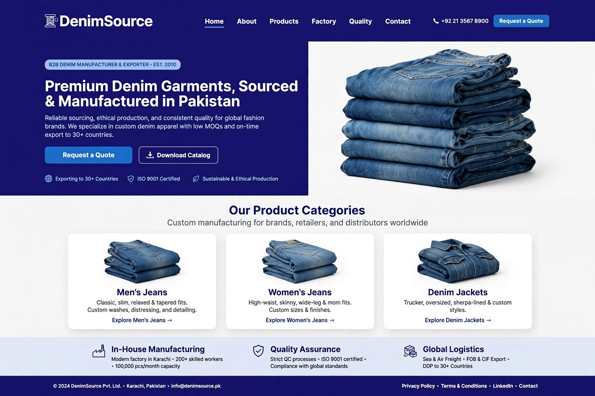 Denim buying house website sample in corporate blue style