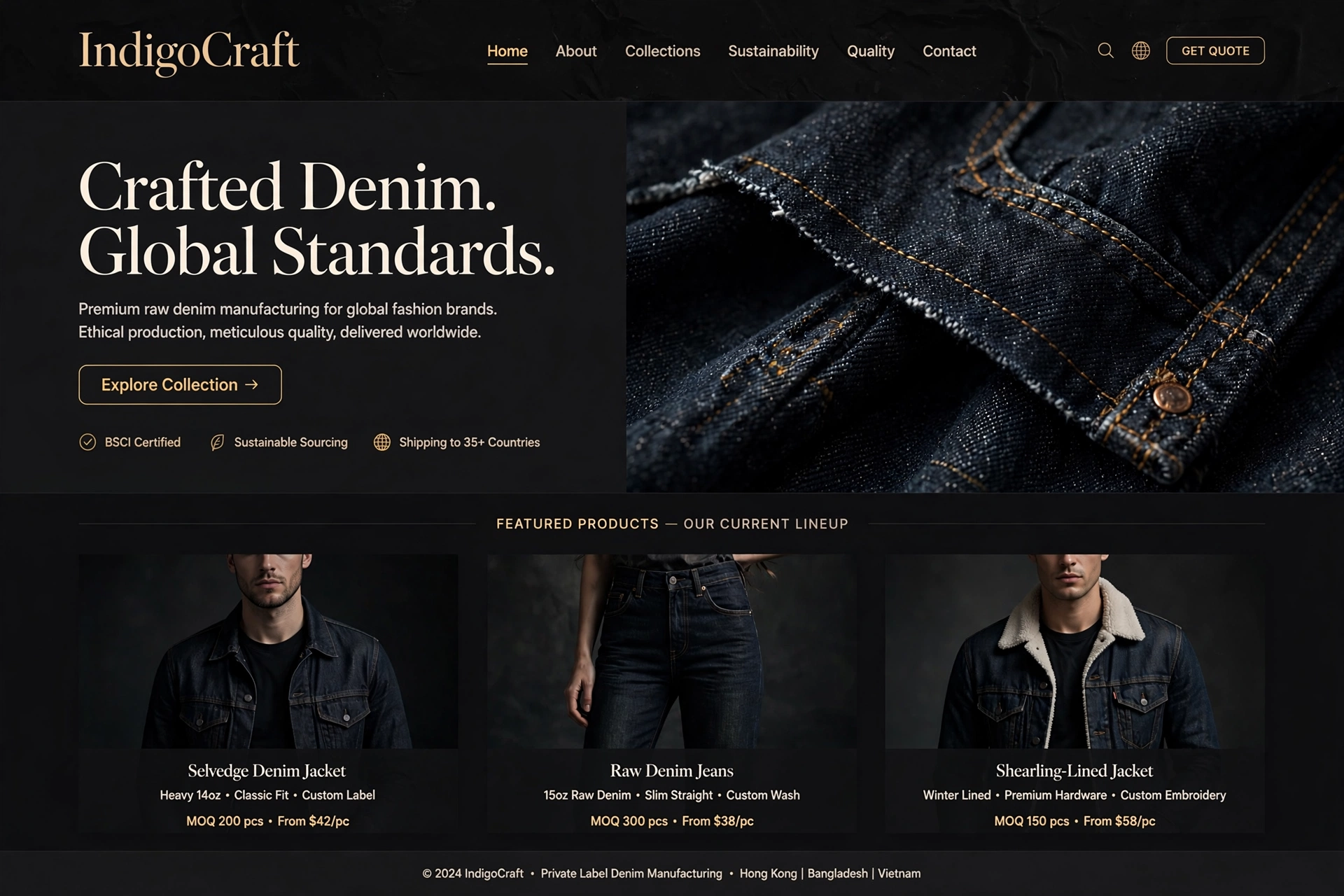Denim buying house website sample in dark premium black and gold style