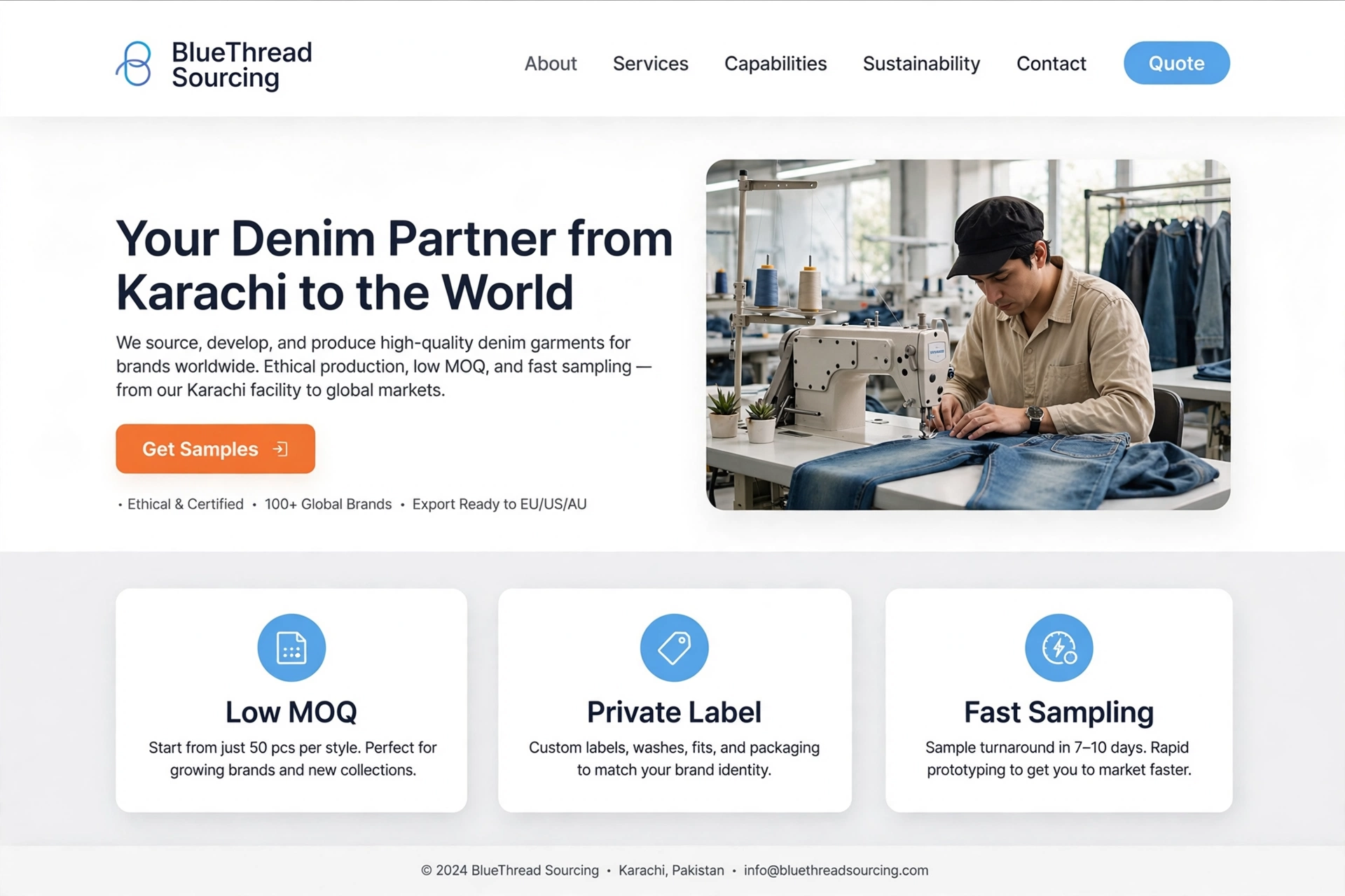 Denim buying house website sample in light modern white and sky blue style