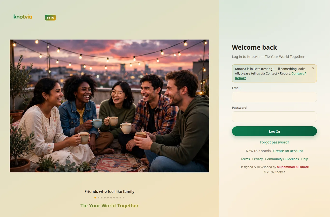 Knotvia Ivory Light login page — photo slideshow, Welcome back form and emerald Log In button