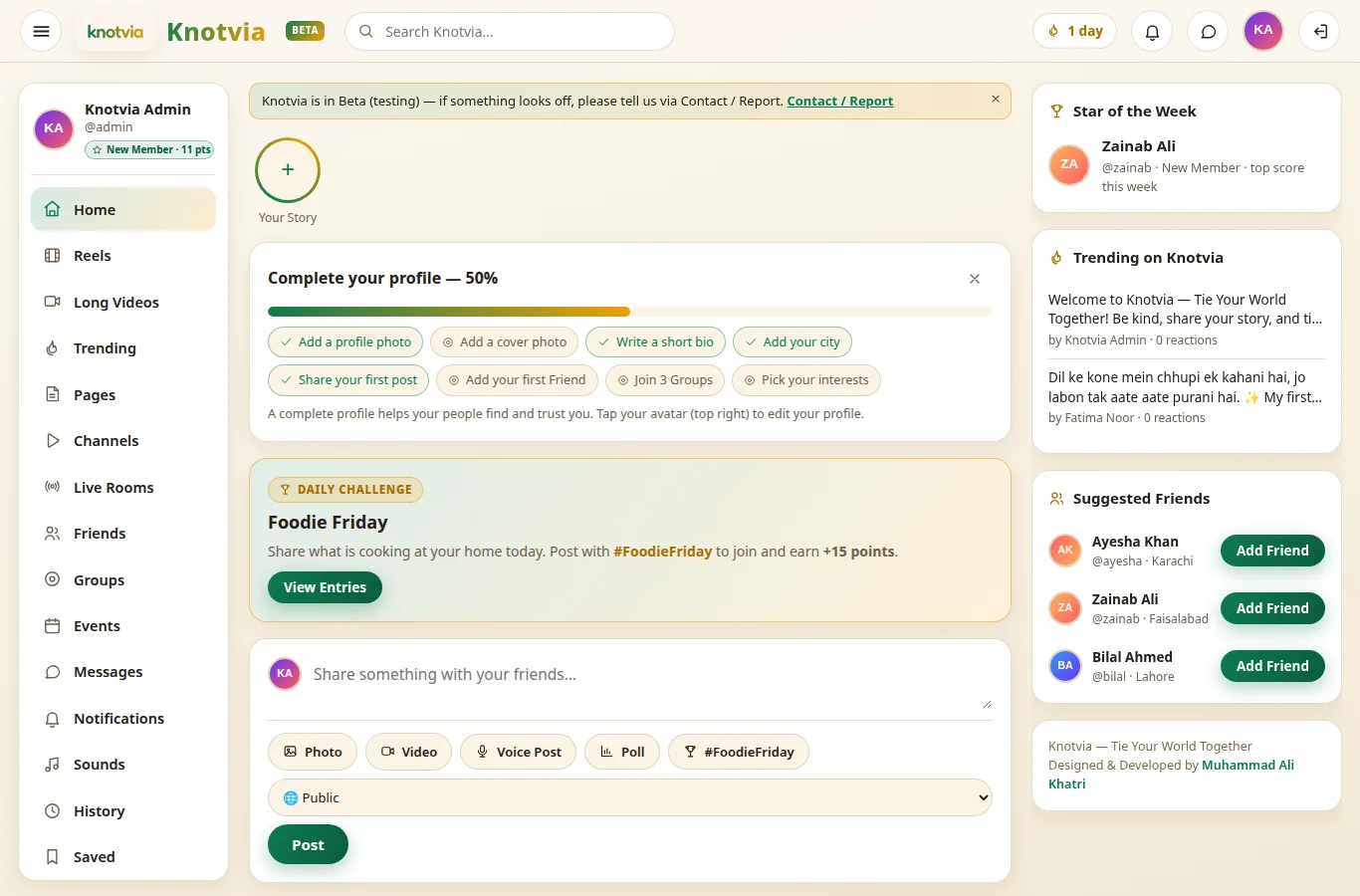 Knotvia Ivory Light home feed on desktop — left menu, stories, post composer, trending and suggested friends on white cards