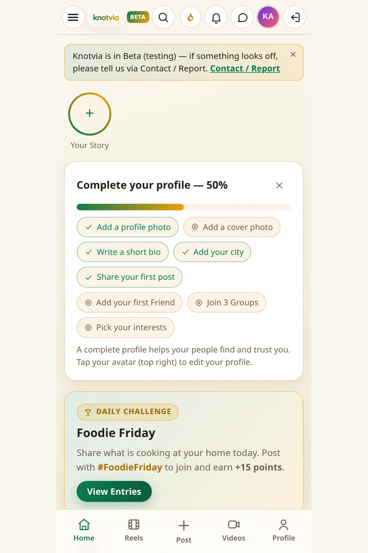 Knotvia Ivory Light home feed on a phone — emerald-and-marigold knotvia wordmark, stories row, daily challenge card and bottom navigation