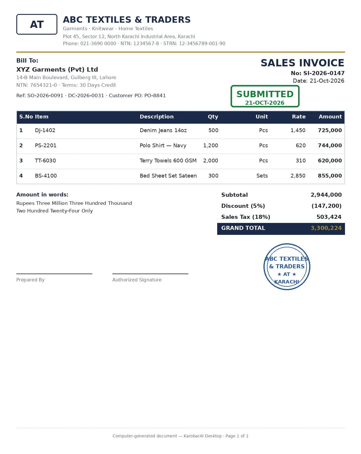 KarobarAI Desktop sales invoice print sample — company header, item table, tax totals, company stamp and SUBMITTED mark