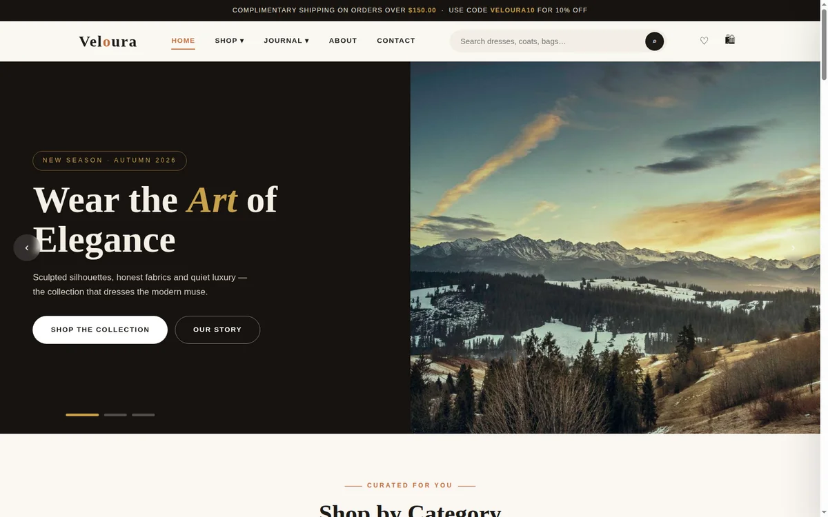 Veloura fashion e-commerce template — homepage screenshot