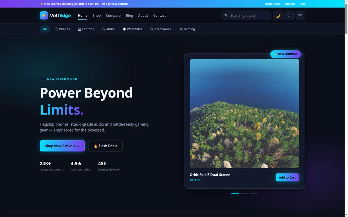 VoltEdge electronics store template — homepage screenshot