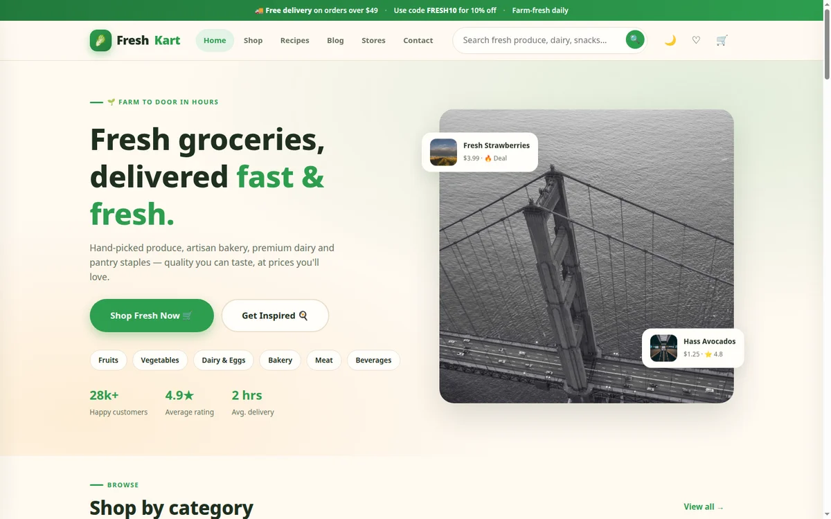 FreshKart grocery store template — homepage screenshot